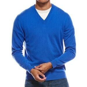 NEW Turnbury Men's Extra Fine Merino Wool Blue Biella Yarn V-Neck Sweater Large